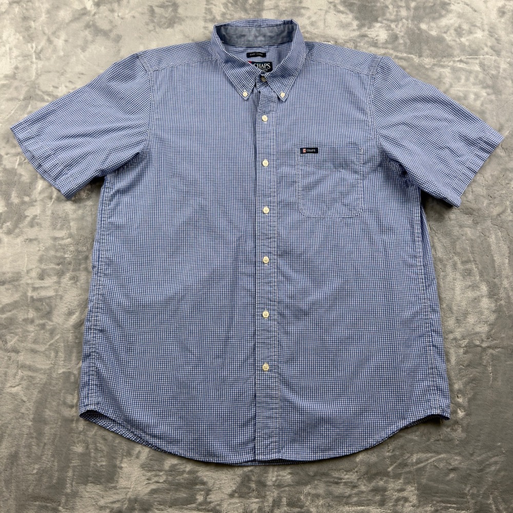Chaps Mens XL Blue Gingham Short Sleeve Button Down Shirt Easy Care Cotton Blend